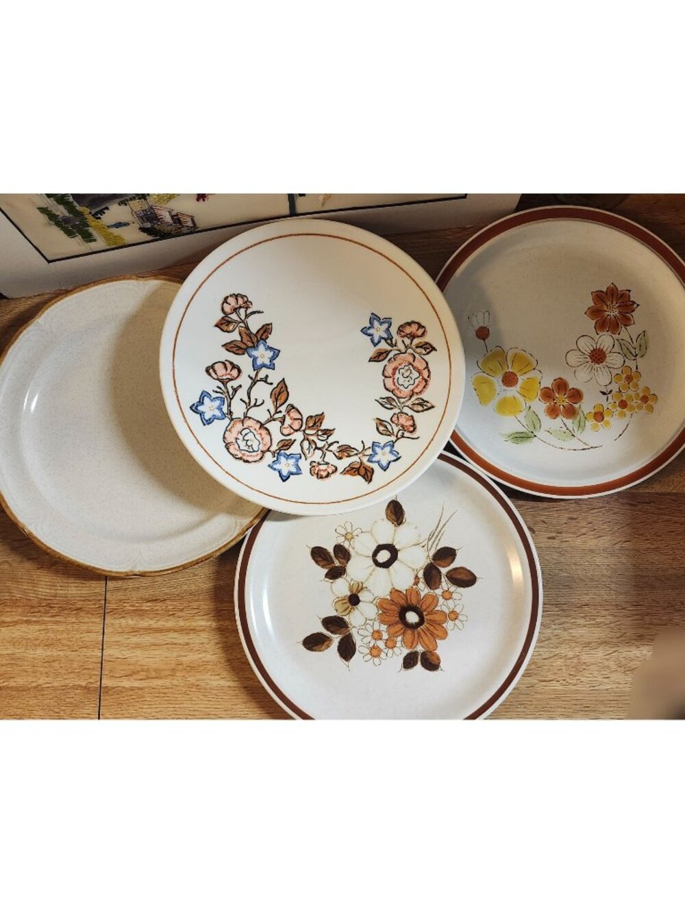 4- Mismatched Stoneware Dinner Plates, 10.5" Japan Retro 70s Neutral Floral